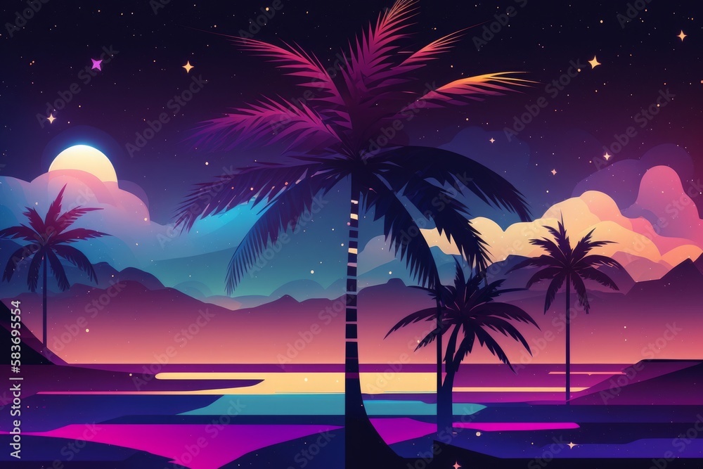 An abstract low polygon background in shades of pink and purple, resembling a cosmic landscape. A neon-lit palm tree with a retro-futuristic vibe in the foreground. Generative AI