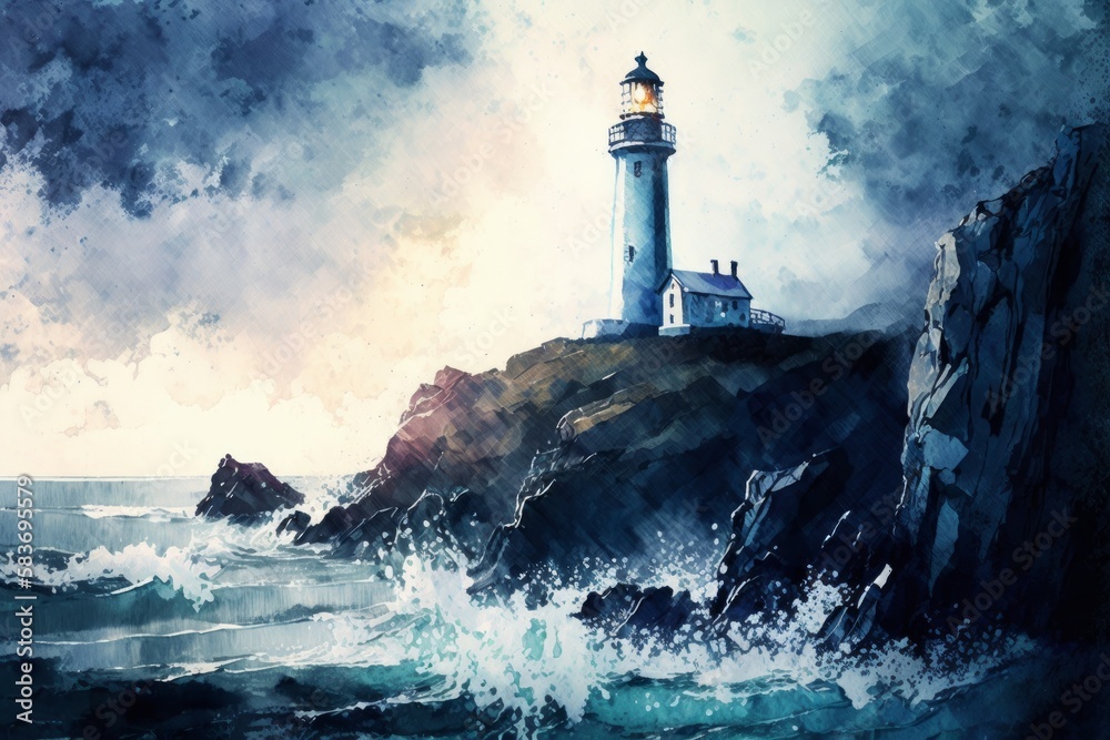 A marbled texture in shades of blue and white, resembling a calm sea. A solitary lighthouse stands tall on a rocky cliff at sunset. Generative AI 