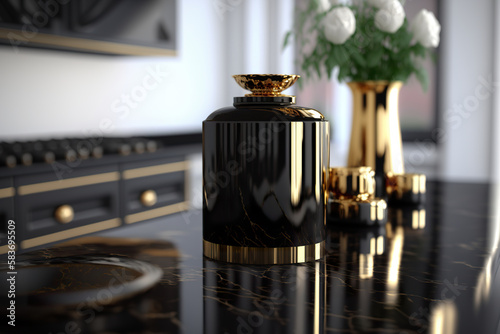 Luxury kitchen with black gold items. Black gold kitchen countertop on blurred background. Modern luxury black kitchen interior scene. 3D realistic illustration. Based on Generative AI photo