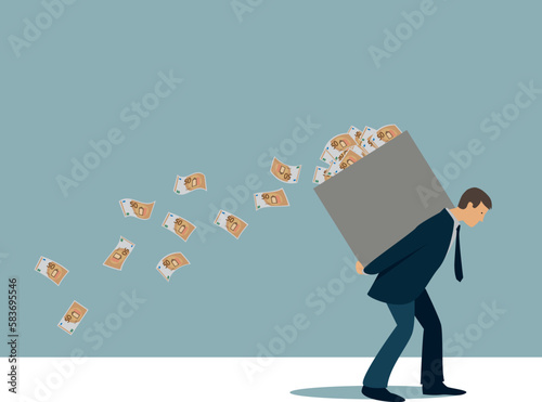 illustration vectorielle montrant un homme d'affaire portant sur son dos une caisse remplie de billets de banque