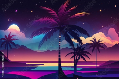 An abstract low polygon background in shades of pink and purple, resembling a cosmic landscape. A neon-lit palm tree with a retro-futuristic vibe in the foreground. Generative AI © kenchiro168