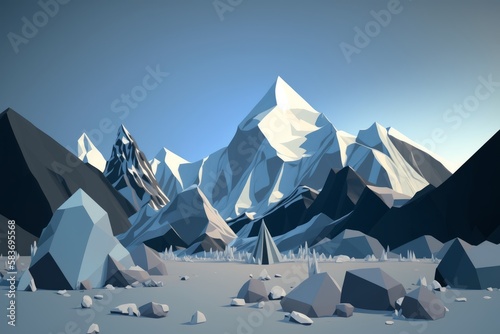 A low polygon abstract background reminiscent of a mountainous landscape, with sharp angular shapes and shades of cool blues and grays. Generative AI 