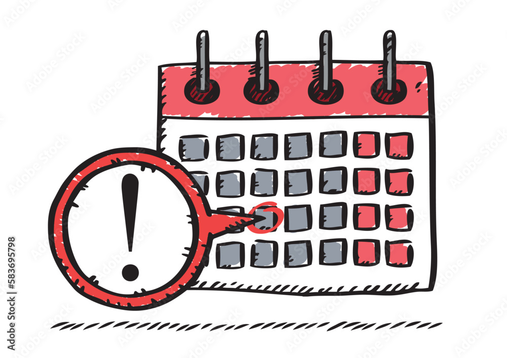 Sketch style illustration of calendar app with exclamation mark. Colorful hand drawn vector file.