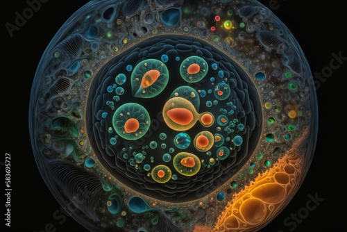 Creative image of embryonic stem cells  cellular therapy. A Vibrant Microscopic World of Life and Growth. Generative AI