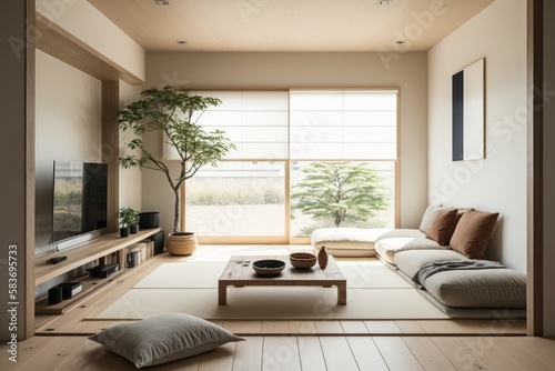 Japanese Minimalistic Home Interior  A serene and minimalist living room with a Japanese-inspired design. Generative AI