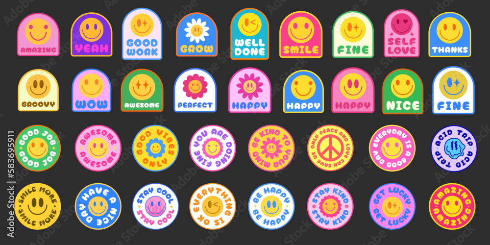 Cool Trendy Smile Stickers Pack. Set Of Groovy Y2k Patches Pop Art Design. Vintage Emoticon Badges. Cool Trendy Smile Stickers Pack. Set Of Groovy Y2k Patches Pop Art Design. Vintage Emoticon Badges.