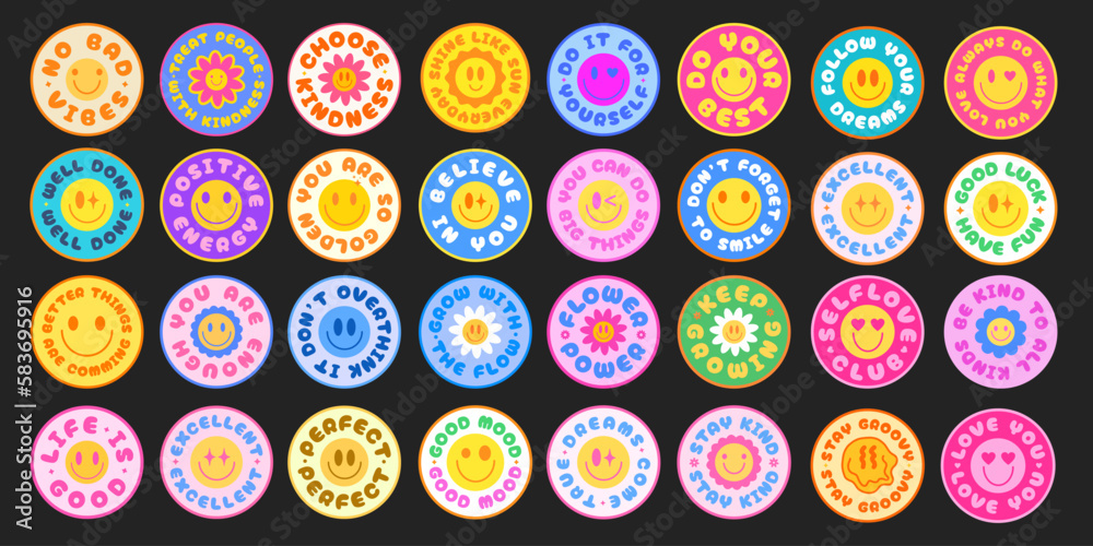 Cool Trendy Smile Stickers Pack. Set Of Groovy Y2k Patches Pop Art Design. Vintage Emoticon Badges. Cool Trendy Smile Stickers Pack. Set Of Groovy Y2k Patches Pop Art Design. Vintage Emoticon Badges.