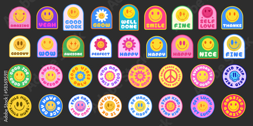 Cool Trendy Smile Stickers Pack. Set Of Groovy Y2k Patches Pop Art Design. Vintage Emoticon Badges.