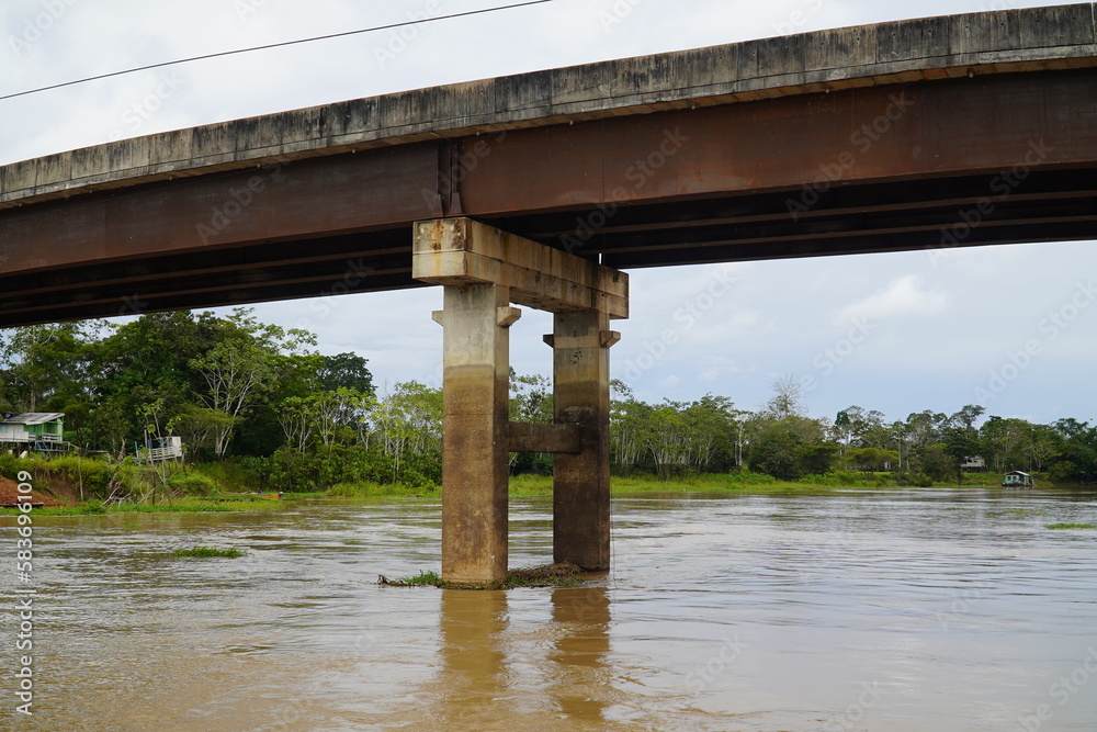 Collapsed bridge in Brazil of highway BR 319 over the Rio Curuca, A bridge pier was not anchored deep enough in the ground during construction and snapped off years later. Near Autazes, Amazonas.