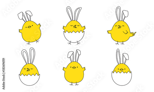 Easter chick with ears bunny, chicken egg cute rabbit doodle, cartoon yellow character line vector icon, Easter egg hunt drawing. Animal illustration