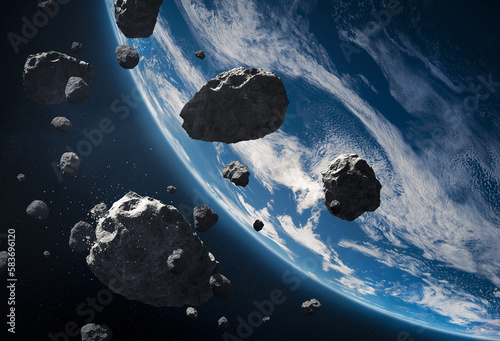 Fototapeta Naklejka Na Ścianę i Meble -  Blue Earth and asteroids in the space. View of planet Earth from space. Elements of this image furnished by NASA, 3d animation