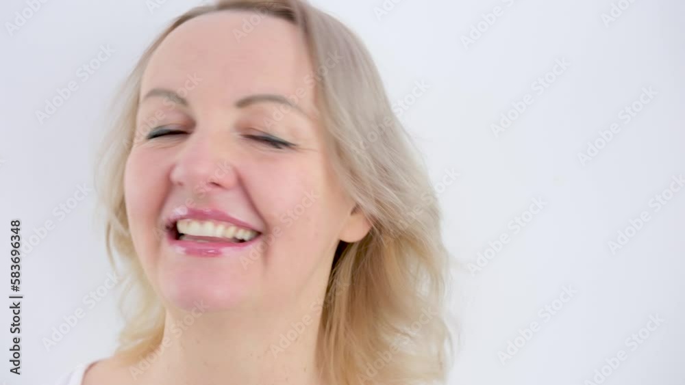 Clap your hand or clapping hands on white isolated background young woman 30-50 years old laughs applauds smile sincere smile laughter shrugs shoulders shakes head space for text advertising joy Clap your hand or clapping hands on white isolated background young woman 30-50 years old laughs applauds smile sincere smile laughter shrugs shoulders shakes head space for text advertising joy
