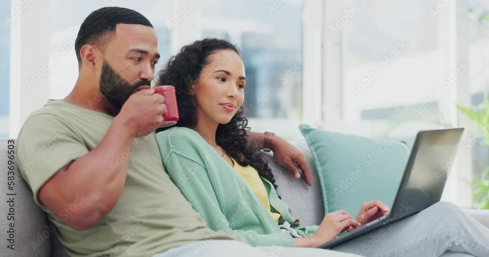 Couple, laptop and talking on home sofa together while streaming or watch movies on internet. Black man and woman with coffee on couch and thinking about online shopping and happy with wifi choice Couple, laptop and talking on home sofa together while streaming or watch movies on internet. Black man and woman with coffee on couch and thinking about online shopping and happy with wifi choice