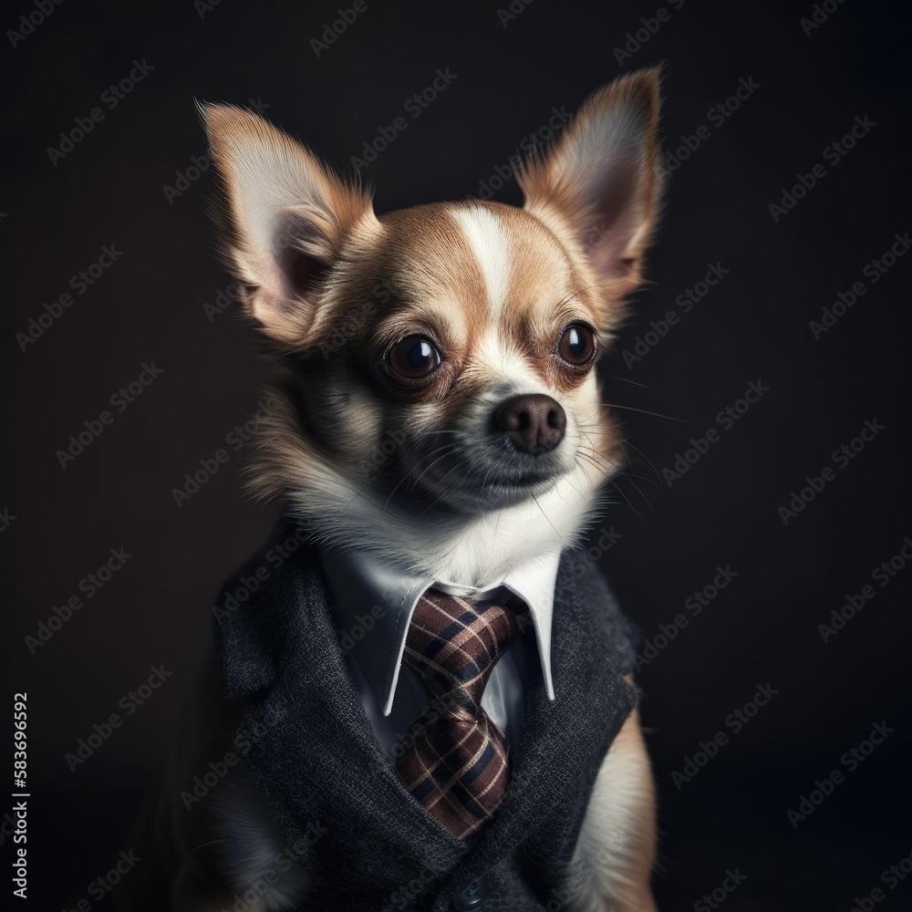 A professional portrait of a chihuahua wearing a vest, button down collared shirt, and a tie - generative ai
