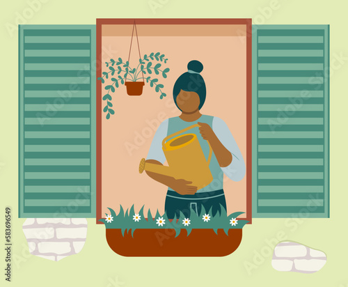 Black Skin Woman Watering Plants With Can Through The Window. Spring Flat Style Vector Illustration