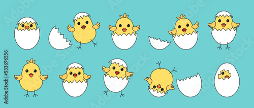 Cartoon chick and egg, Easter chicken vector icon, baby bird with shell, yellow little animal character set. Cute illustration on blue background