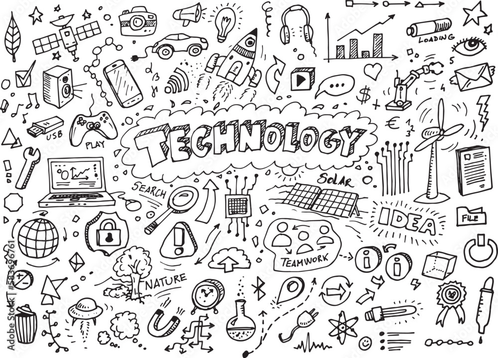 Technology hand drawn vector doodles on white paper
