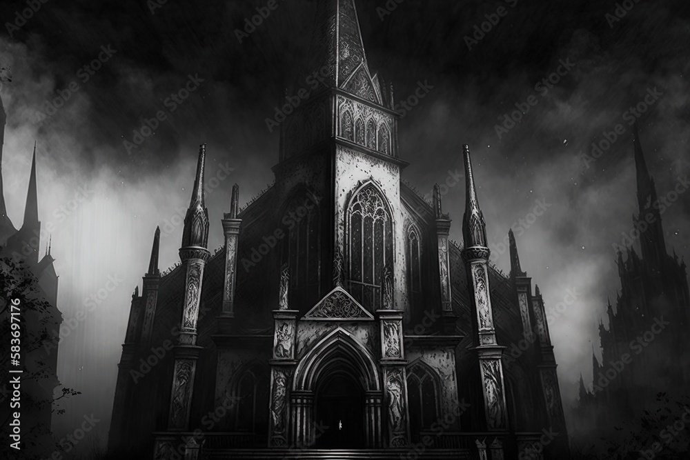 Veiled in Decadence: A Dark Illustration of a Gothic Church Generative AI