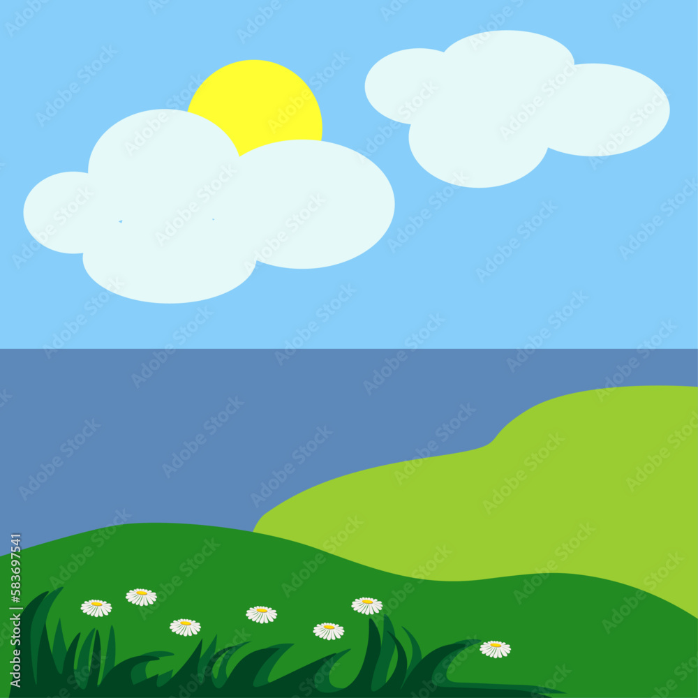 Meadow with white daisy flowers and blue sea Meadow with white daisy flowers and blue sea
