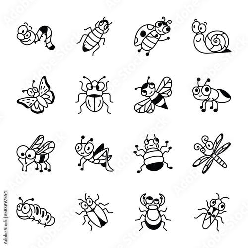 Set of Doodle Style Bug Icons