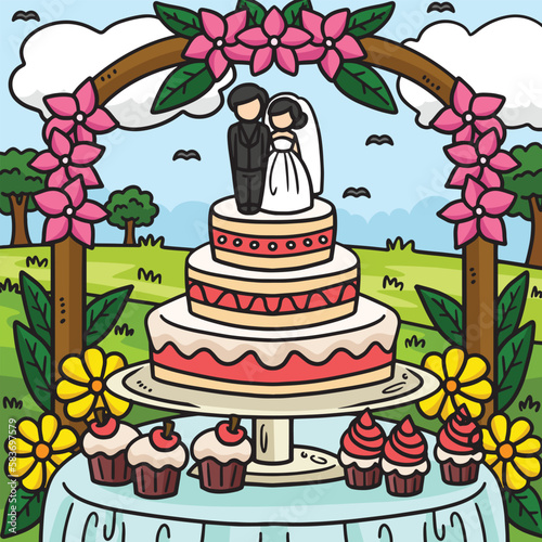 Wedding Cake Colored Cartoon Illustration