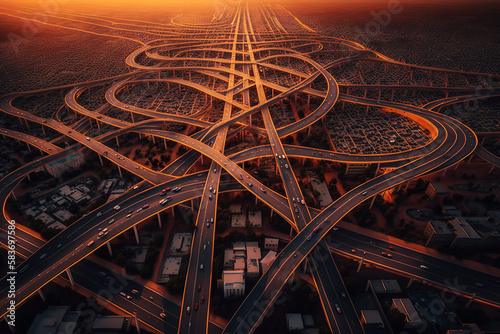aerial view los angeles la freeway highways interstates California concrete jungle complex complicated business organization dysfunction poor design regulations confusion red tape unclear indirect CA