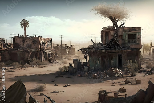 A post-apocalyptic village in the desert. Generative AI photo