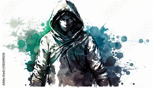 man with hoodie and covered face, isolated on white background - watercolor style illustration background by Generative Ai