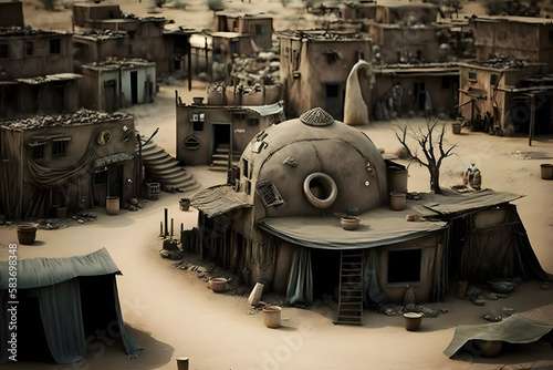 A post-apocalyptic village in the desert. Generative AI
