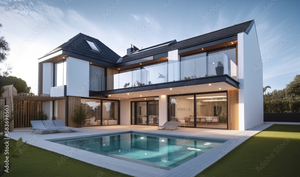Fototapeta premium Luxury modern villa with swimming pool and garden, generative ai