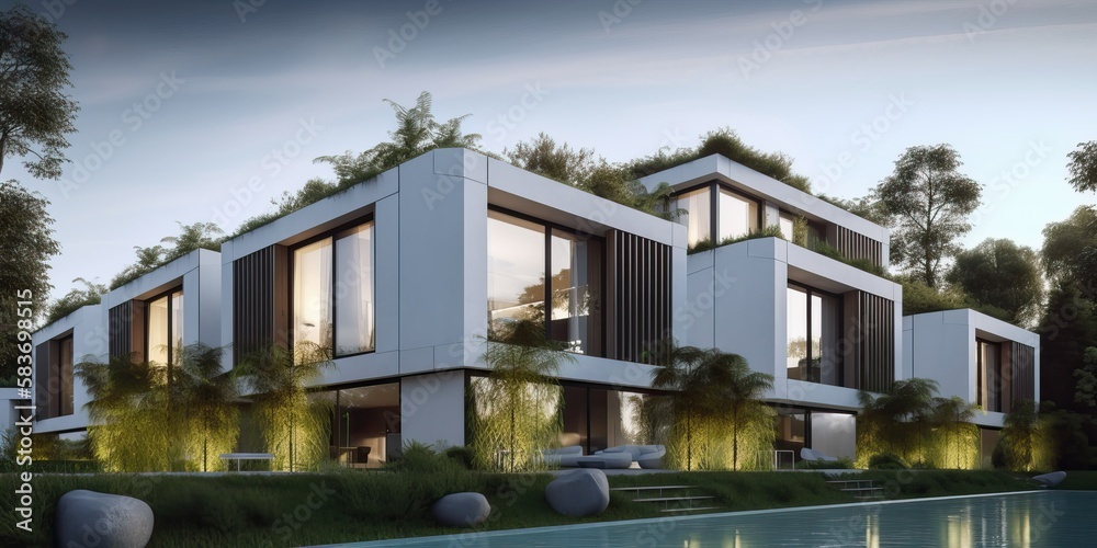 Luxury residential development with pool, generative ai