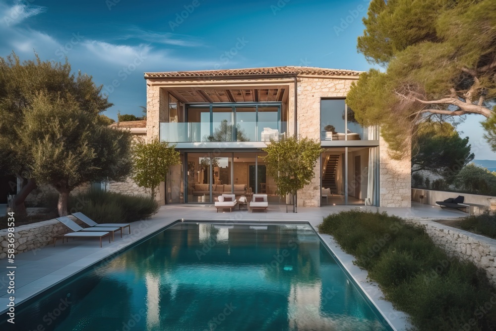 Luxury stone classic updated villa with swimming pool and garden, generative ai