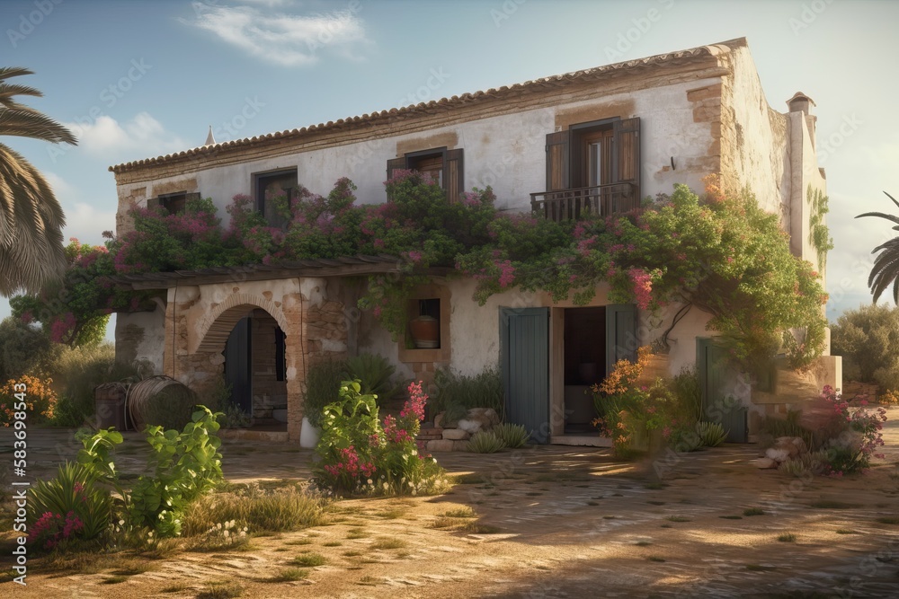 Mediterranean style farmhouse with whitewashed walls at golden hour, generative ai Mediterranean style farmhouse with whitewashed walls at golden hour, generative ai