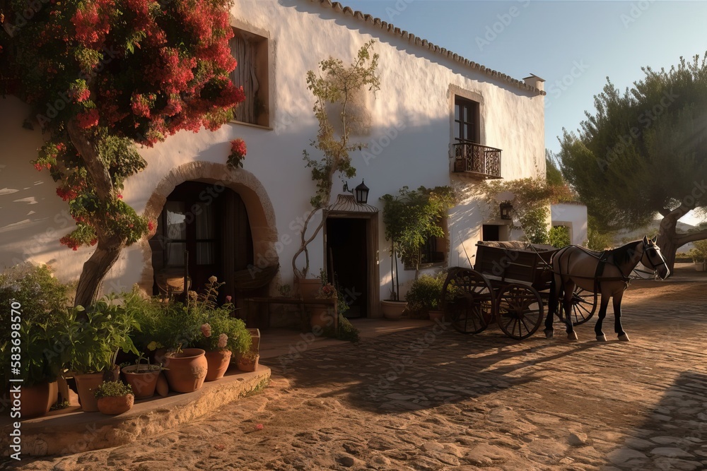 Mediterranean style farmhouse with whitewashed walls at golden hour, generative ai