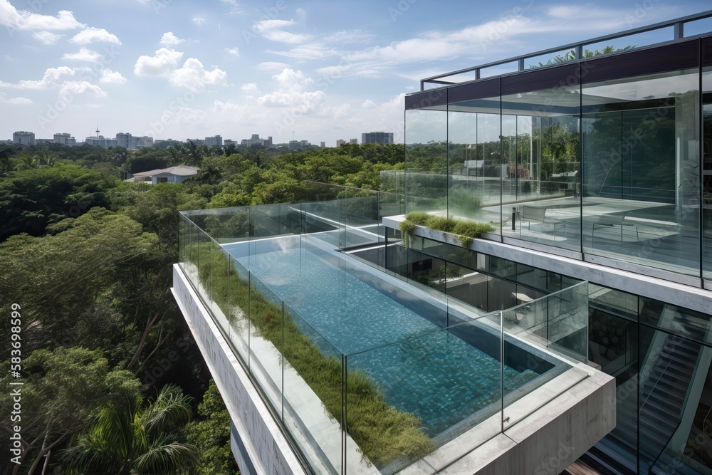 Stunning modern glass house completely transparent with a huge pool surrounded by a tropical garden, generative AI Stunning modern glass house completely transparent with a huge pool surrounded by a tropical garden, generative AI