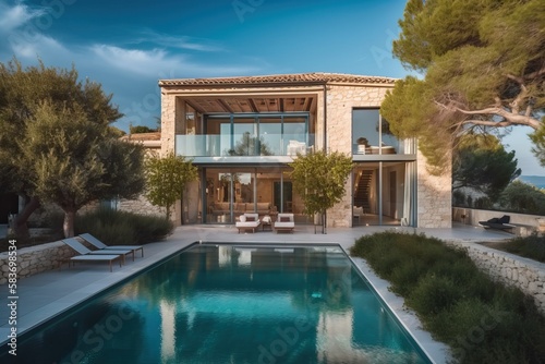 Luxury stone classic updated villa with swimming pool and garden  generative ai
