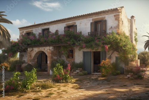 Mediterranean style farmhouse with whitewashed walls at golden hour  generative ai