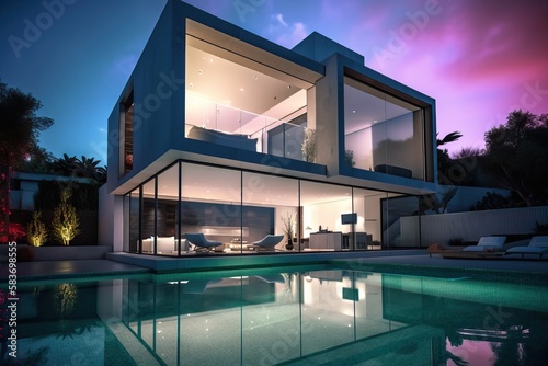 Modern luxury home with garden and pool at blue hour, generative ai © FrankBoston