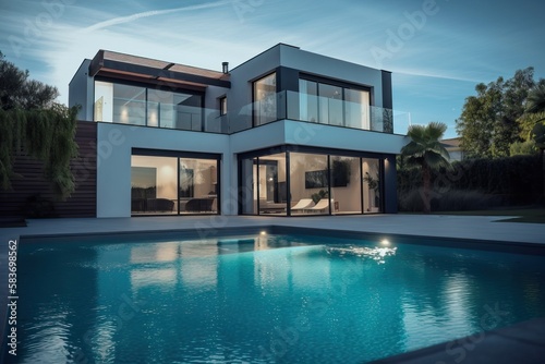 Modern luxury home with pool and garden at blue hour  generative ai