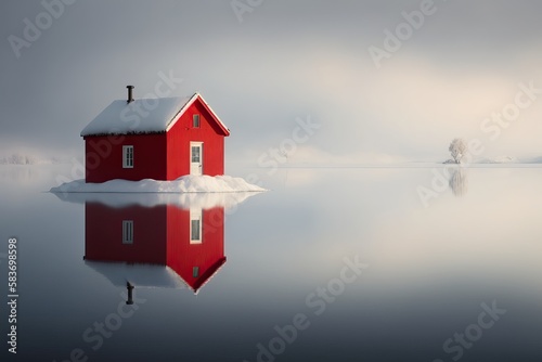 Red cottage in a white wint...
