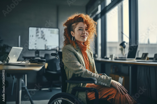 Photorealistic ai artwork of a woman in a wheelchair working in a modern office. Generative ai.