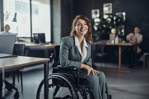 Photorealistic ai artwork of a woman in a wheelchair working in a modern office. Generative ai.