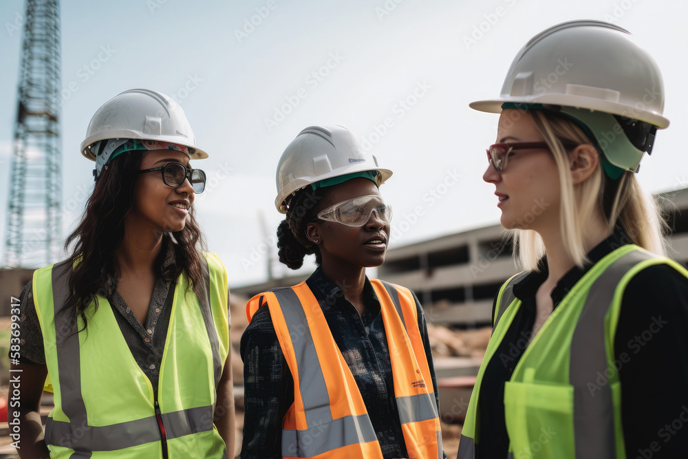 Photorealistic Ai artwork of diverse women workers on a construction site. Generative ai.