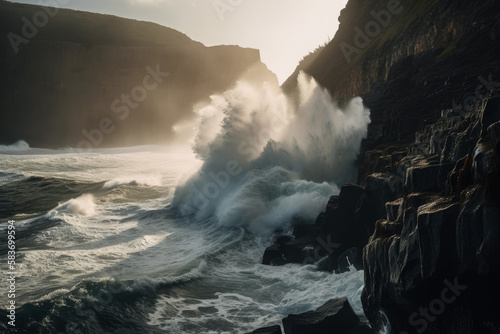 Photorealistic ai artwork of large waves crashing and breaking on a rocky coastline at sunset. Generative ai.