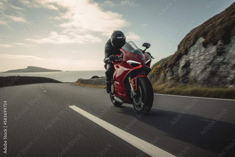 Obraz premium Photorealistic ai artwork of a red motorcycle, sports bike riding along the ocean road. Generative ai.