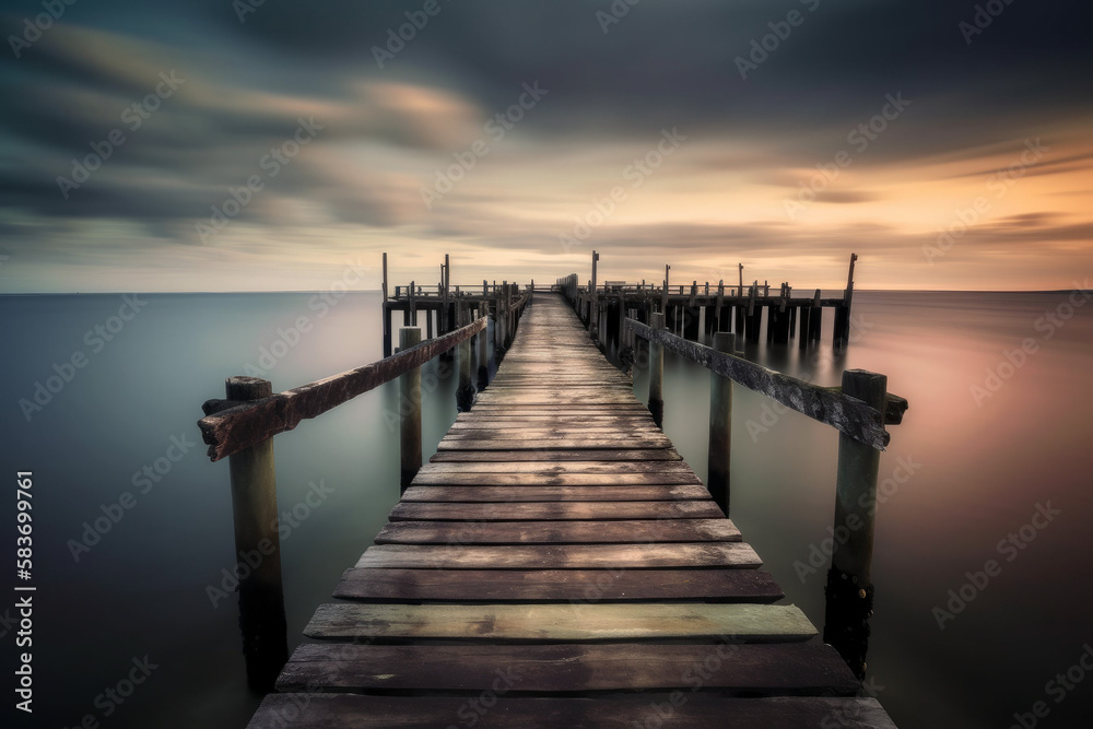 Photorealistic ai artwork of a long exposure style sunset or sunrise over a pier. Generative ai.