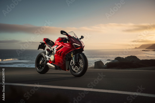 Photorealistic ai artwork of a red motorcycle  sports bike along the ocean road at sunset. Generative ai.