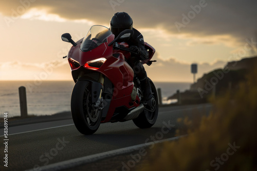 Photorealistic ai artwork of a red motorcycle  sports bike riding along the ocean road at sunset. Generative ai.