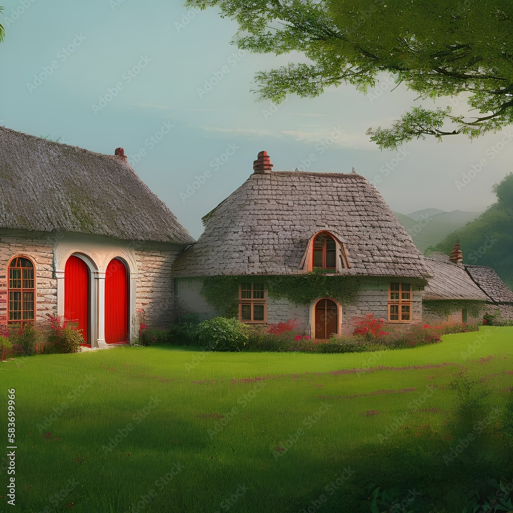 Fototapeta premium A farmhouse with a red door and a green lawn1, Generative AI