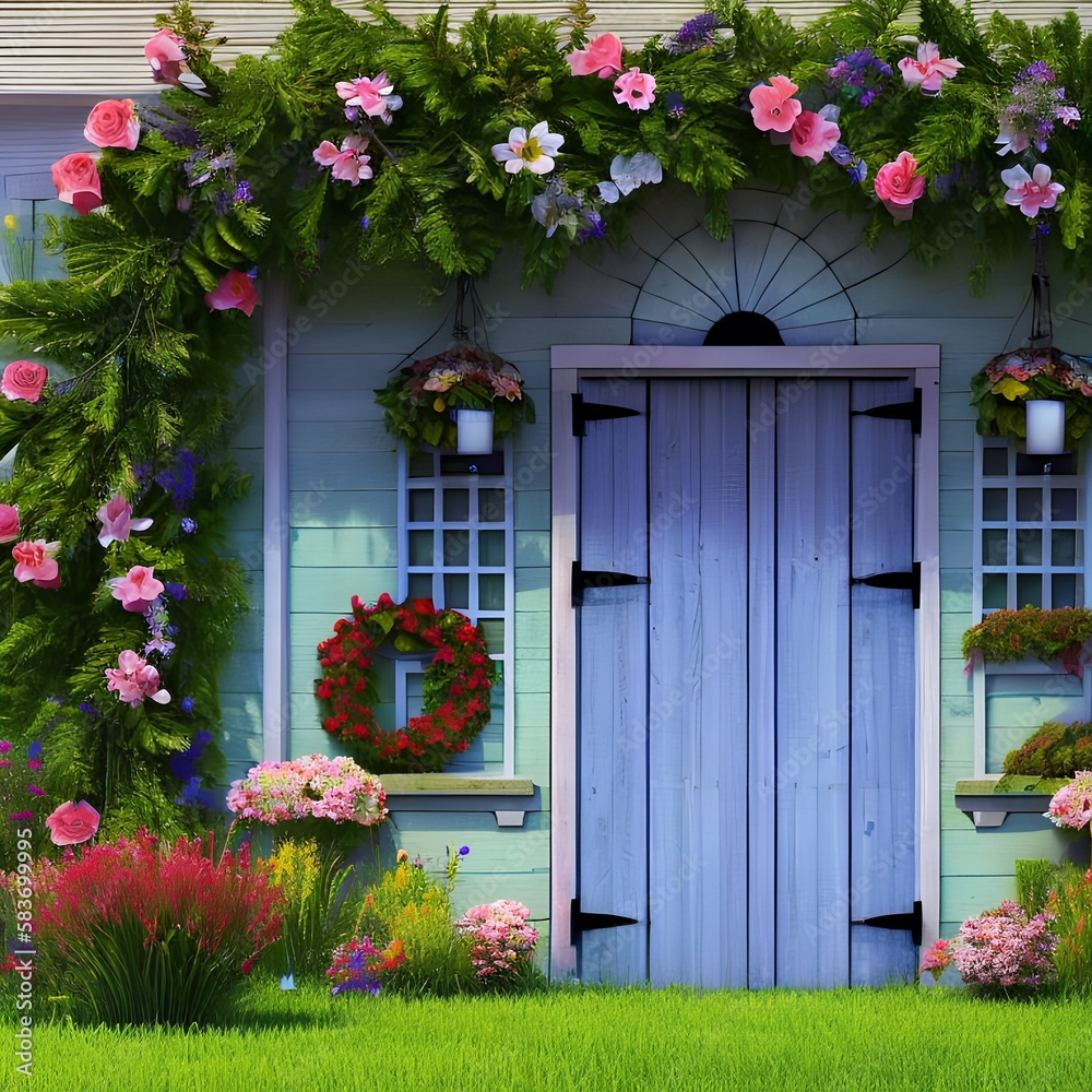 A farmhouse with a wreath on the door and flowers in the yard2, Generative AI